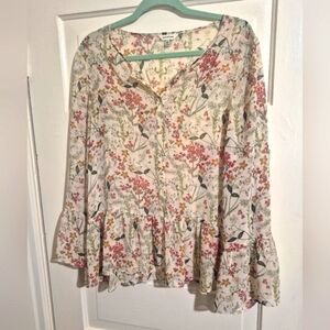 Boho Floral Button-Up Blouse Size L PTP 24